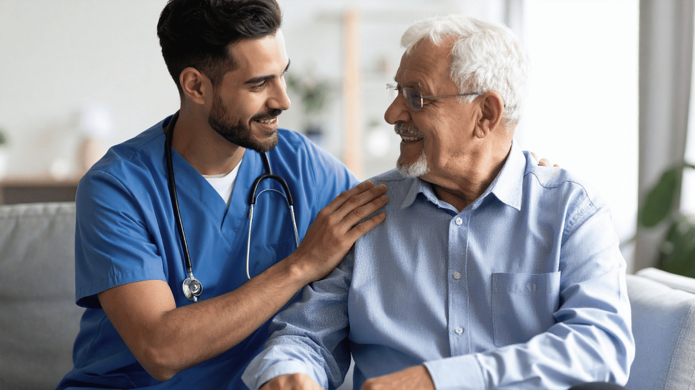 Nurse caring for senior living resident
